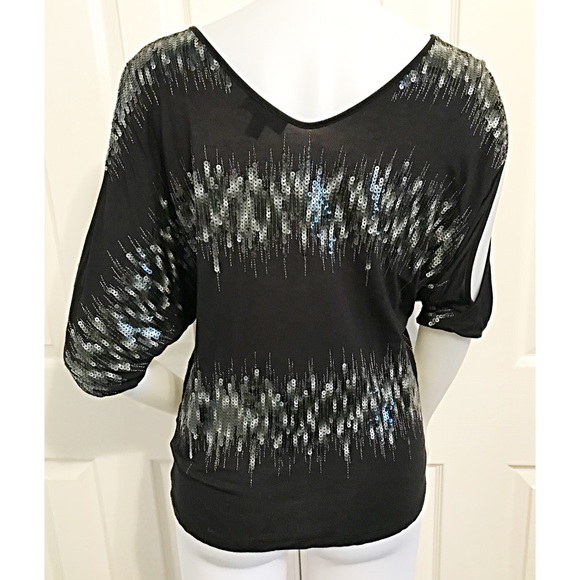 Bebe, V Neckline, Cold Shoulder, Sequins Black Top - Picture 4 of 10